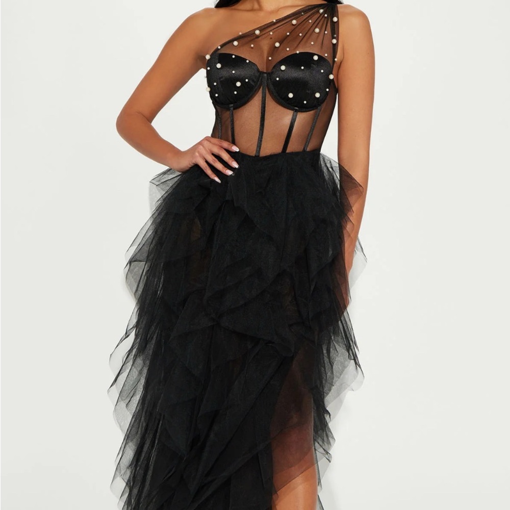 Elegant Black Sheer Gown with Pearl Accents